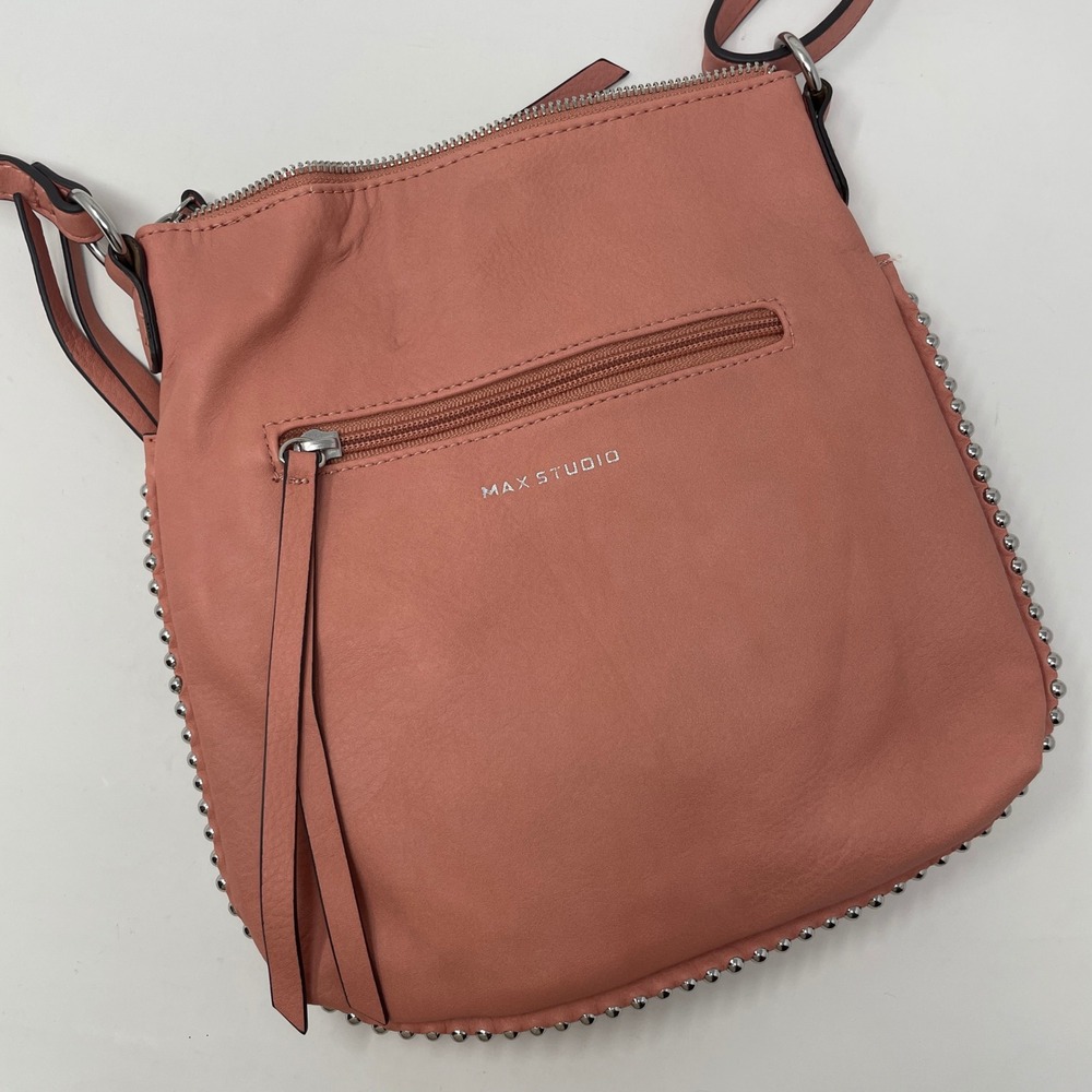 Max Studio Salmon Pink Studded Faux Leather Tassel Crossbody Bag Silver Boho Hip